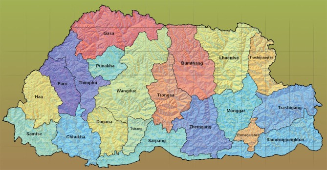 bhutan_map_dzongkhag_contour_tropographical
